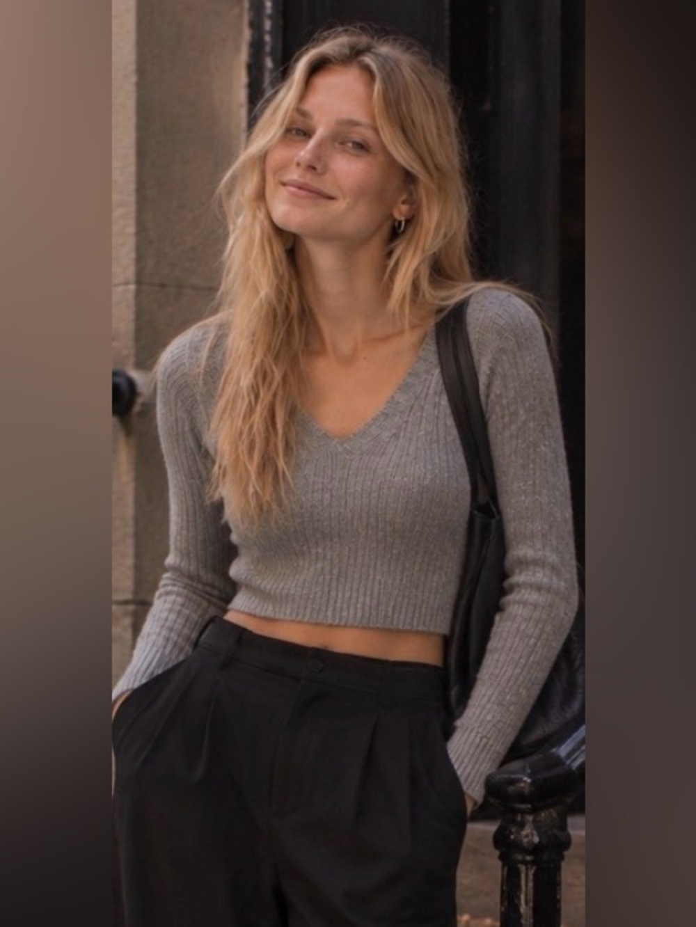 Brandy Melville Gray Wool Ribbed Cropped V Neck Sweater Made in Italy